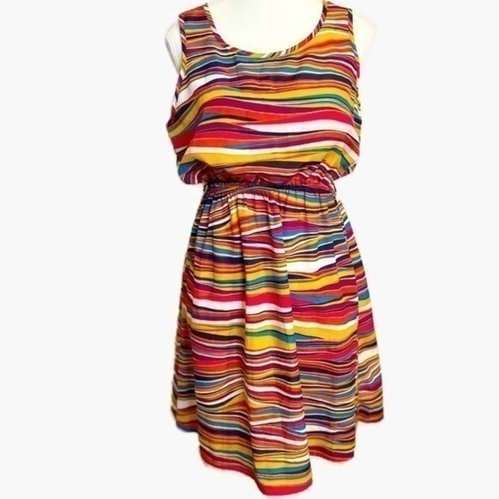 Red Camel Colorful Wavy Striped Midi Dress with Elastic Waist